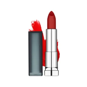 Rouge à lèvres Maybelline Matte n°965 ouvert à côté d'une trace de rouge vif, illustrant l'intensité de la couleur.