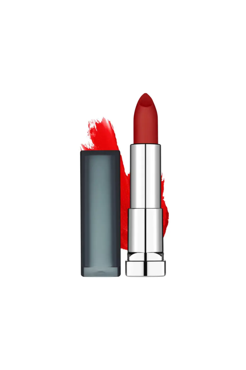 Échantillon Couleur Rouge à lèvres Maybelline Matte n°965 ouvert à côté d'une trace de rouge vif, illustrant l'intensité de la couleur.