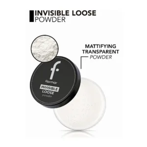 Poudre Libre Invisible Flormar avec zoom sur la texture fine et mentions "Matifying Transparent Powder". Maquillage fixant.