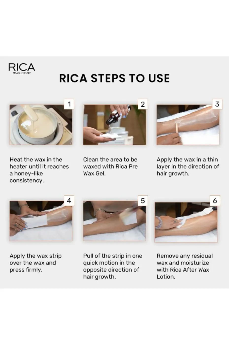 Épilation Professionnelle RICA Six étapes illustrées pour utiliser la cire RICA. Couvre la préparation, l'application de la cire, l'arrachage et les soins post-épilation.