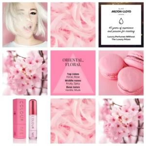 Mosaïque : Notes parfum (Oriental, Floral), flacon Colour Me, fleurs roses, macarons et logo Milton-Lloyd.