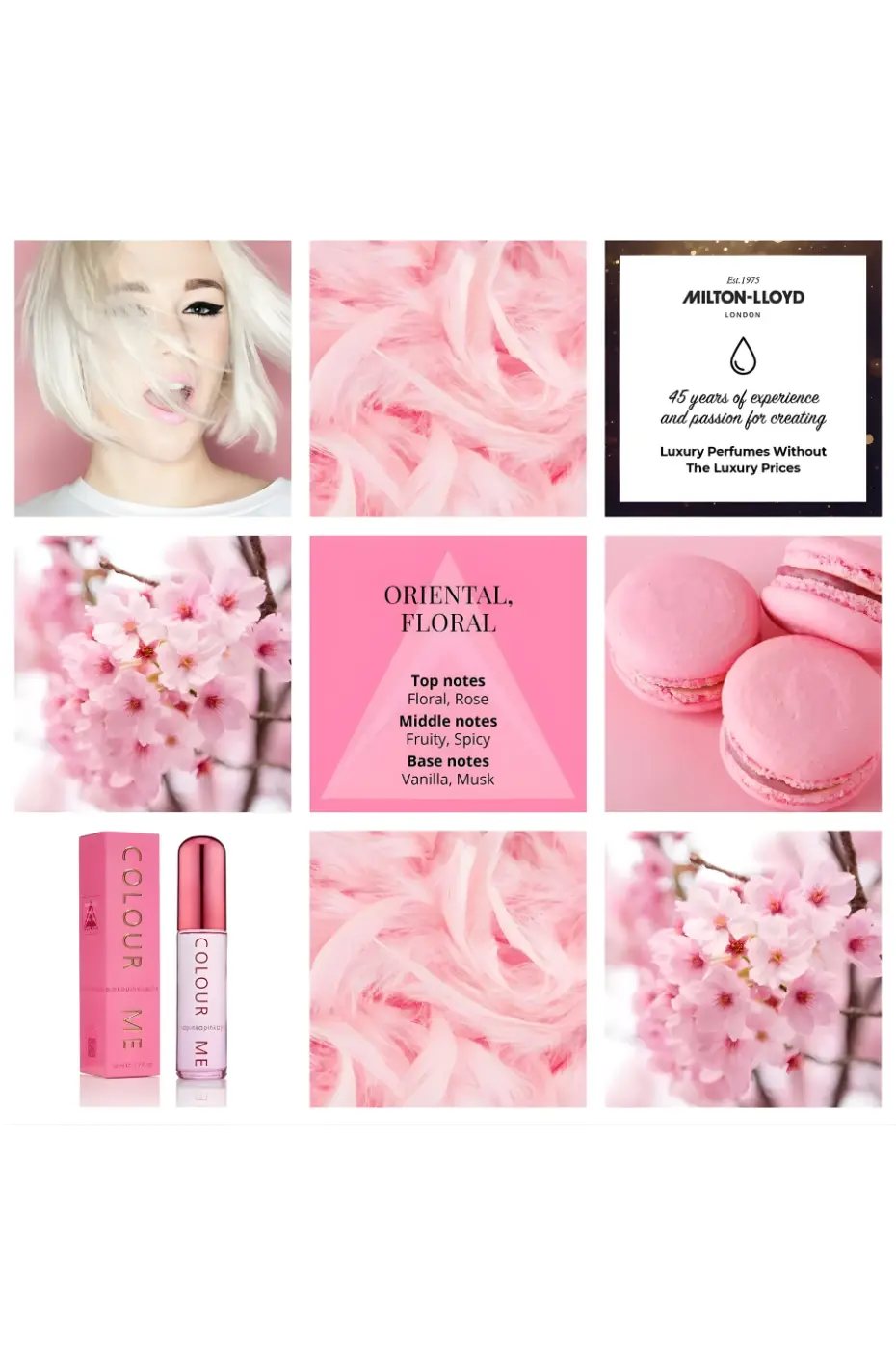Expérience Olfactive Oriental, Floral Mosaïque : Notes parfum (Oriental, Floral), flacon Colour Me, fleurs roses, macarons et logo Milton-Lloyd.