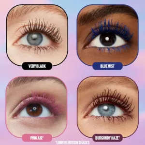 Quatre regards avec des mascaras de couleur : Very Black, Blue Mist, Pink Air et Burgundy Haze. Cils colorés.