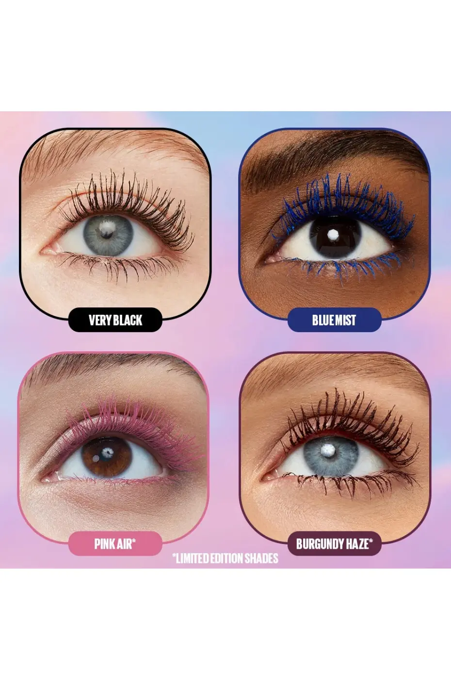 Explosion de Couleurs : Mascara en Quatre Teintes Audacieuses Quatre regards avec des mascaras de couleur : Very Black, Blue Mist, Pink Air et Burgundy Haze. Cils colorés.
