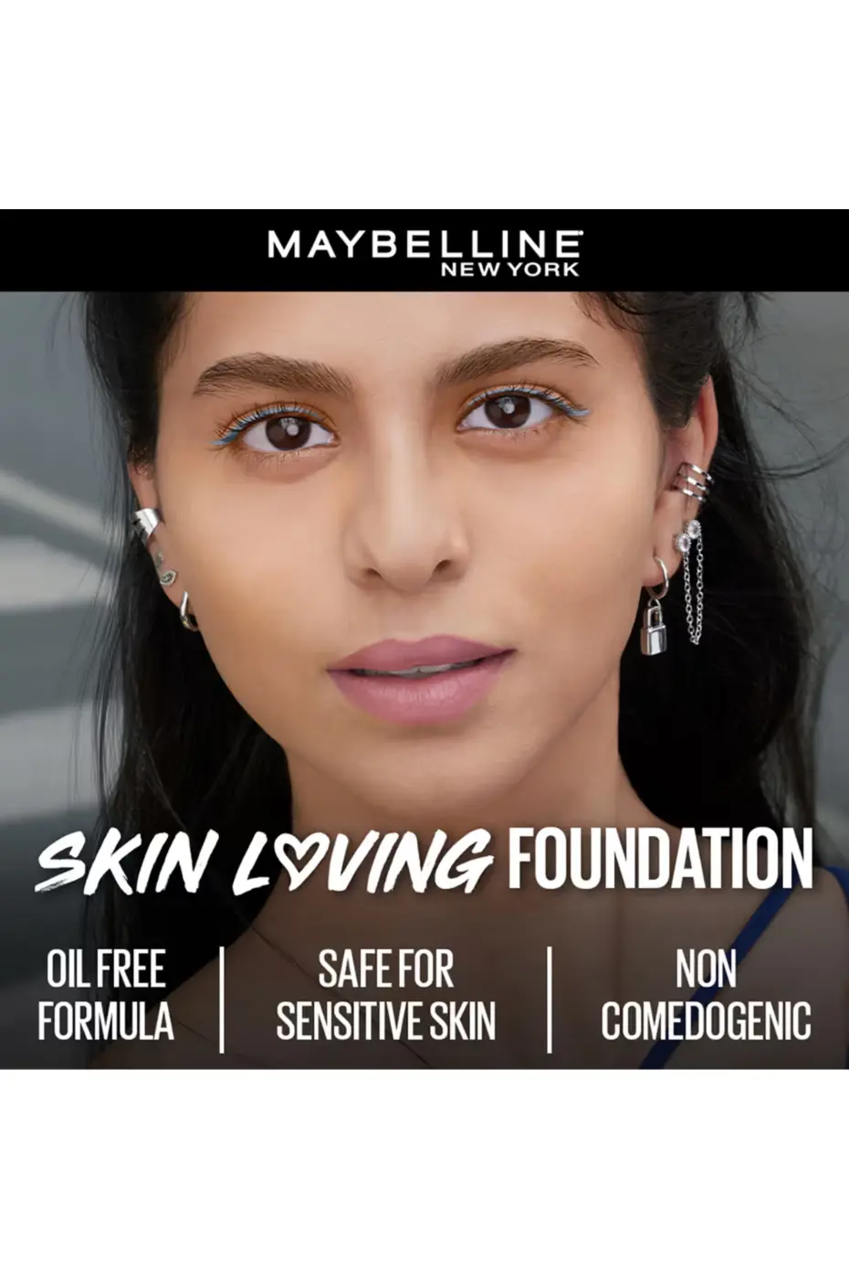 Fit Me : Le Fond de Teint Qui Aime Votre Peau (Oil Free) Fond de teint "Skin Loving" Maybelline Fit Me : Formule sans huile, sans danger pour peaux sensibles, non comédogène. Gros plan du modèle.