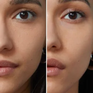 Comparaison Avant/Après anti-cernes Maybelline Fit Me N°25. La partie Après montre un regard lissé et des cernes masqués.