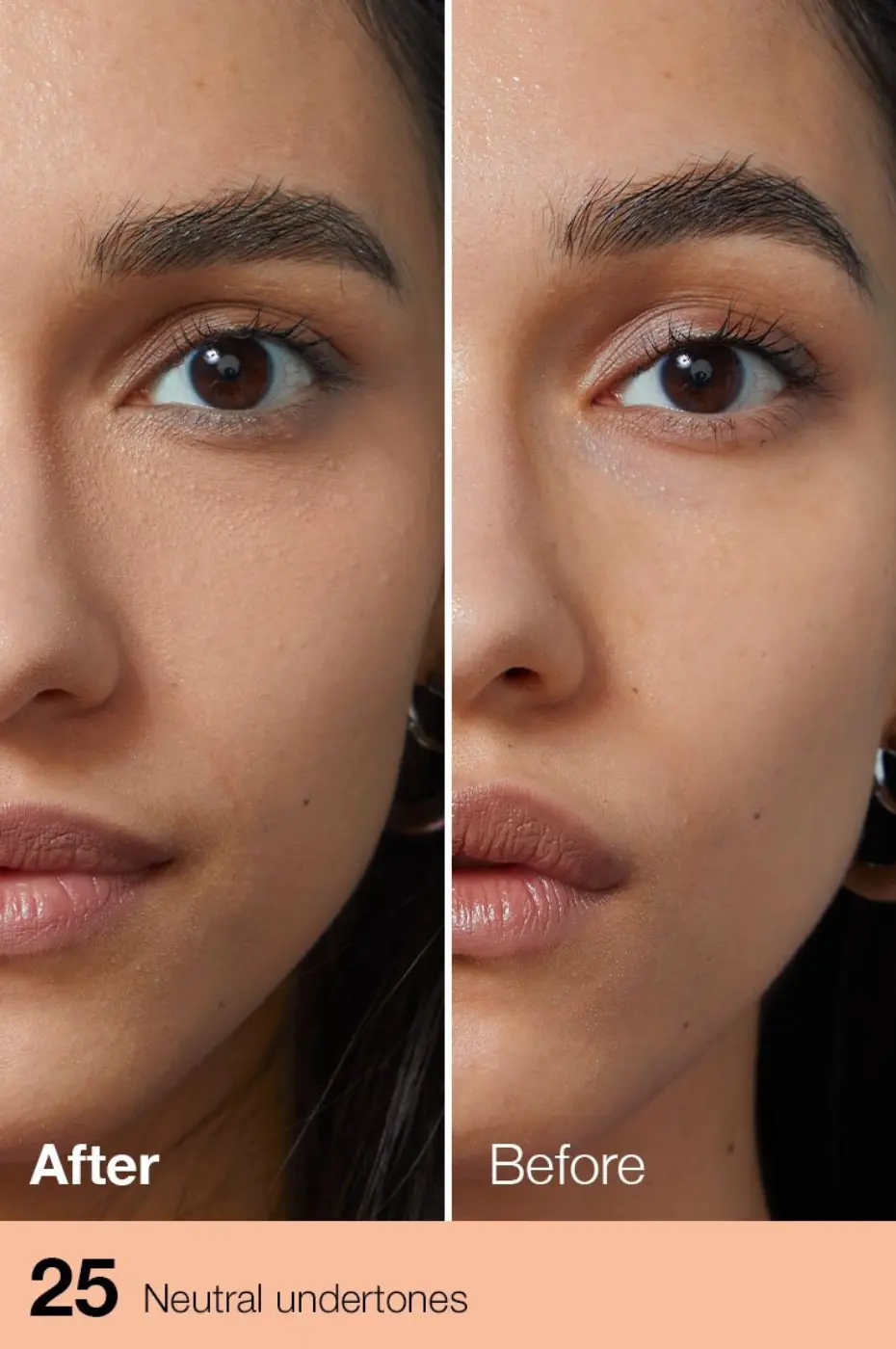 Fit Me N°25 : La Transformation d’un Regard Éclatant Comparaison Avant/Après anti-cernes Maybelline Fit Me N°25. La partie Après montre un regard lissé et des cernes masqués.