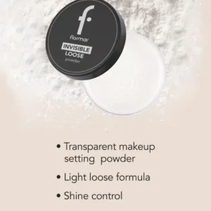 Poudre Libre Invisible Flormar avec ses bénéfices listés en anglais : formule légère, transparente et contrôle de la brillance.