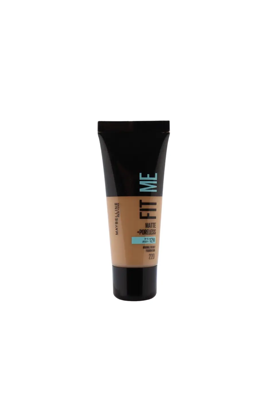 Fond de teint Maybelline Fit Me Matte + Poreless, Teinte 220 Fond de teint Maybelline New York Fit Me Matte + Poreless, teinte 220, dans son tube noir et beige, pour un teint mat et sans pores.