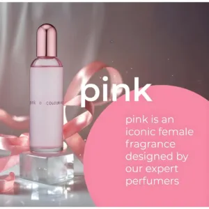 Parfum Colour Me Pink sur un socle transparent avec des rubans roses. "Pink est une fragrance féminine iconique."