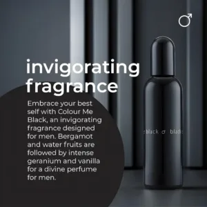 Bouteille noire du parfum Colour Me Black sur fond sombre avec le texte : "invigorating fragrance" et description.