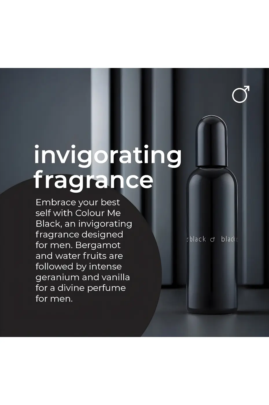 Fragrance tonifiante Bouteille noire du parfum Colour Me Black sur fond sombre avec le texte : "invigorating fragrance" et description.