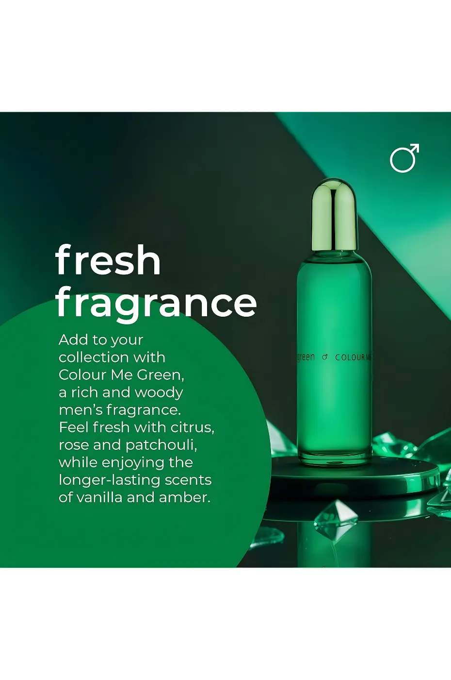 Fraîcheur Citronnée et Fond Boisé Publicité pour le parfum Colour Me Green, bouteille verte. Texte : fragrance riche et boisée avec notes de citron, rose, patchouli, vanille et ambre.