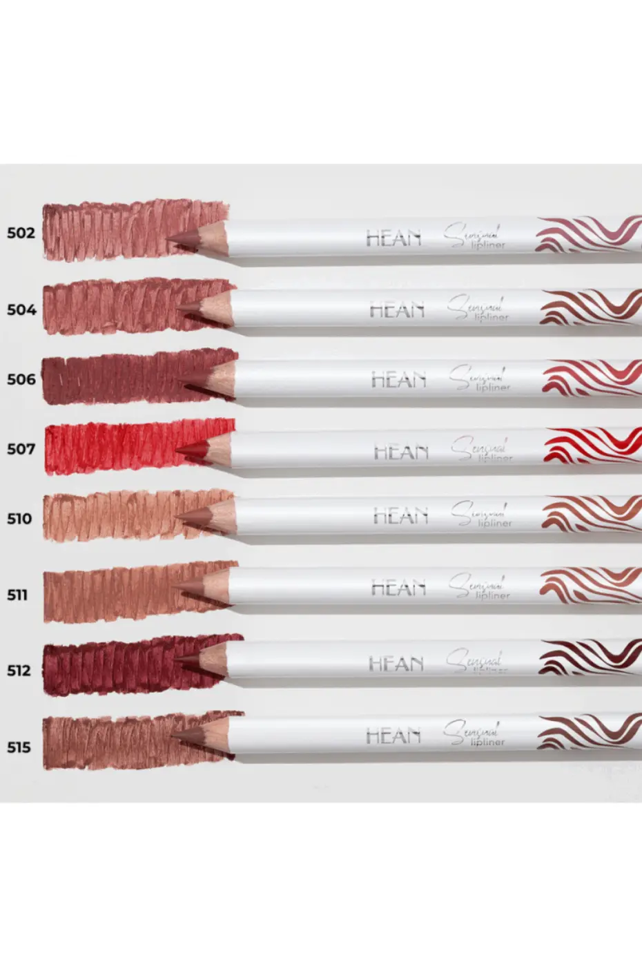 Gamme Complète HEAN Lip Liner Gamme complète des crayons à lèvres HEAN Sensual Lip Liner du n°502 au n°515. Nuancier des teintes rose et brun.