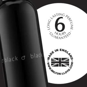 Flacon de Colour Me Black avec un cercle indiquant "Long Lasting Perfume 6 Hours Guaranteed" et "Made in England".