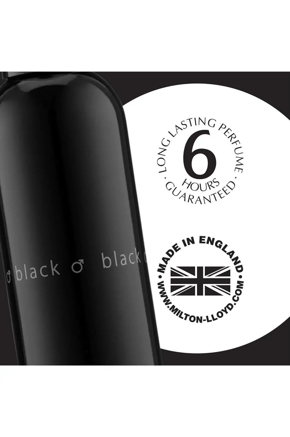Garanti Longue Durée 6h Flacon de Colour Me Black avec un cercle indiquant "Long Lasting Perfume 6 Hours Guaranteed" et "Made in England".