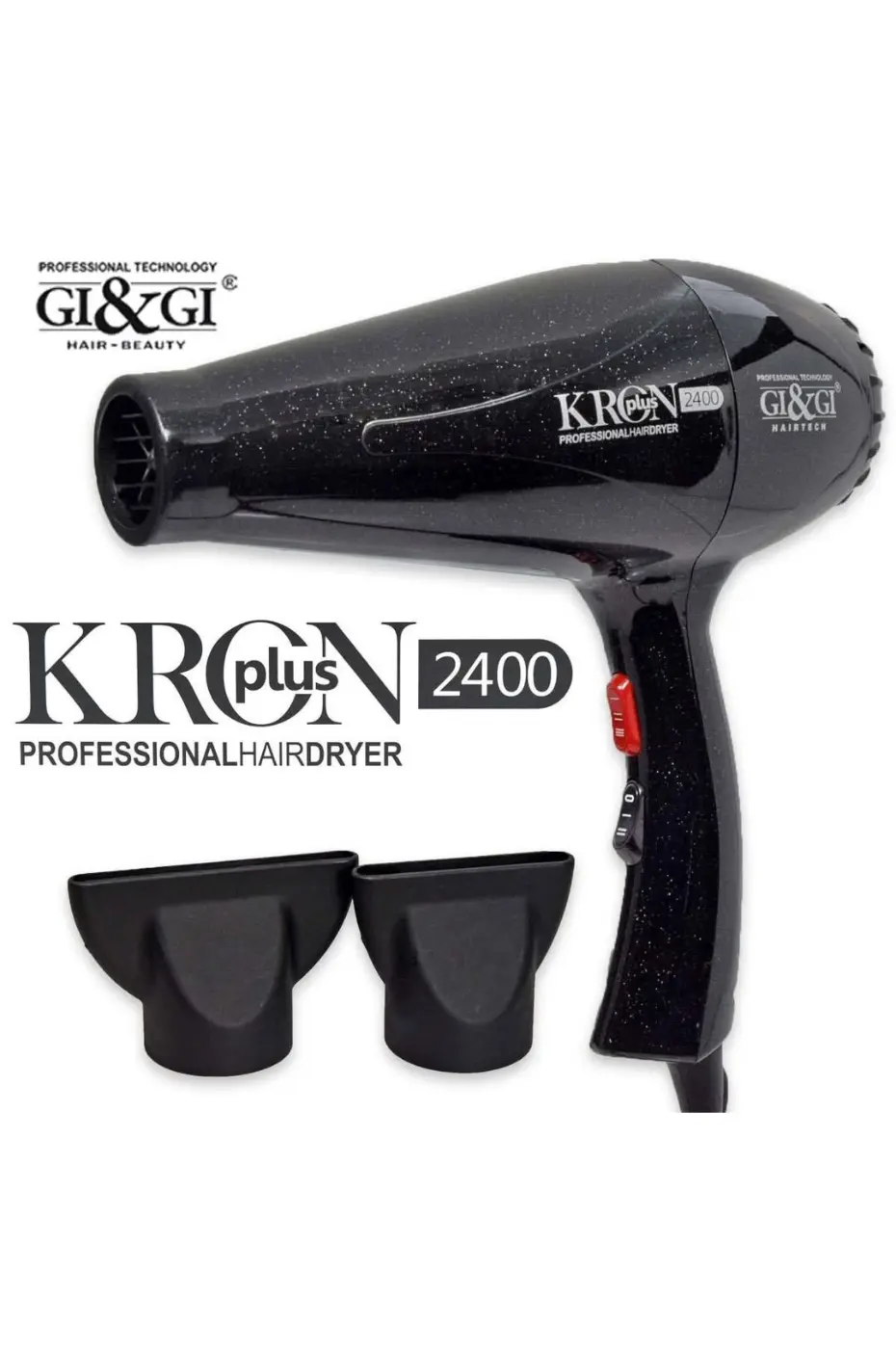 Gi&Gi (2400W) Sèche-cheveux professionnel noir Gi&Gi KRON plus 2400W avec 2 embouts concentrateurs. Technologie de coiffage.