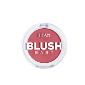 Poudre blush HEAN BLUSH BABY N°5 Innocence, couleur rose corail dans un boîtier rond blanc. Maquillage joues.