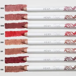 Huit crayons à lèvres HEAN Sensual Lip Liner (du 502 au 515) avec leurs échantillons de couleur. Nudes, rouges et baies.