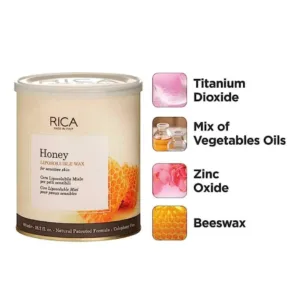 Boîte de cire Rica au Miel avec une liste des ingrédients clés : dioxyde de titane, huiles végétales, oxyde de zinc, cire d'abeille.