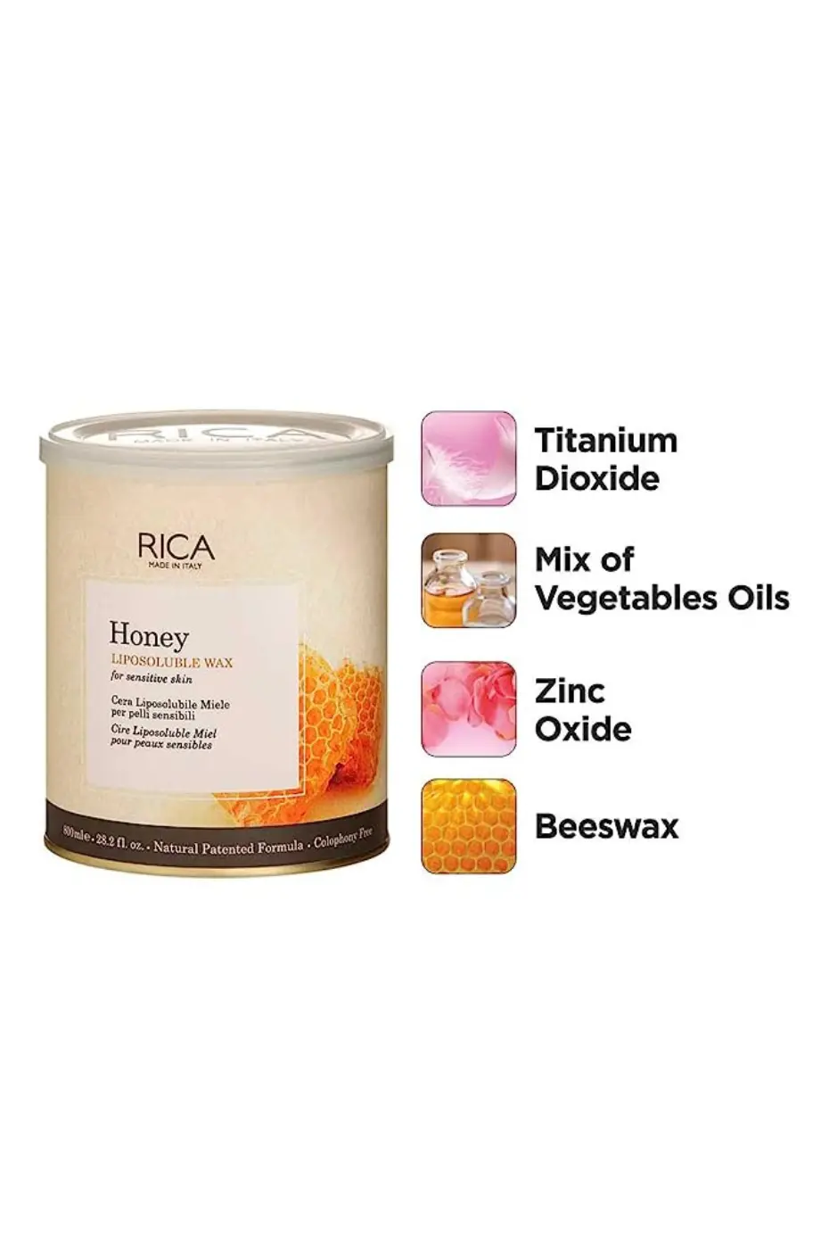 Ingrédients pour Peaux Sensibles Boîte de cire Rica au Miel avec une liste des ingrédients clés : dioxyde de titane, huiles végétales, oxyde de zinc, cire d'abeille.