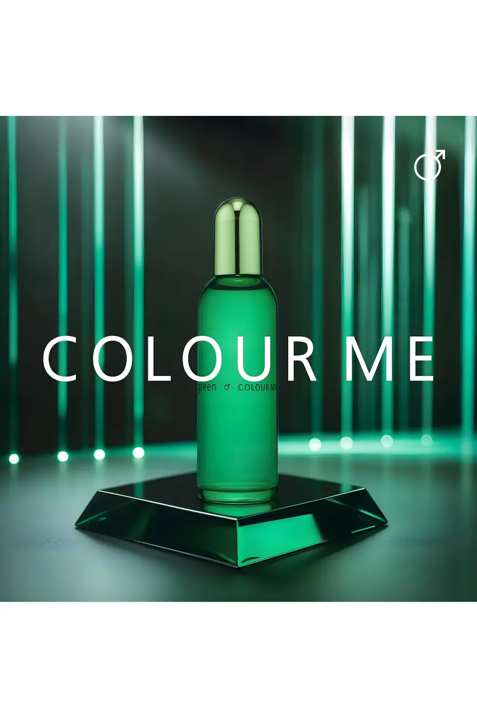 Le Charisme d’une Fragrance Intense Bouteille de parfum Colour Me Green pour homme, mise en scène dramatique avec lumières vertes et piédestal en verre. Branding "COLOUR ME".