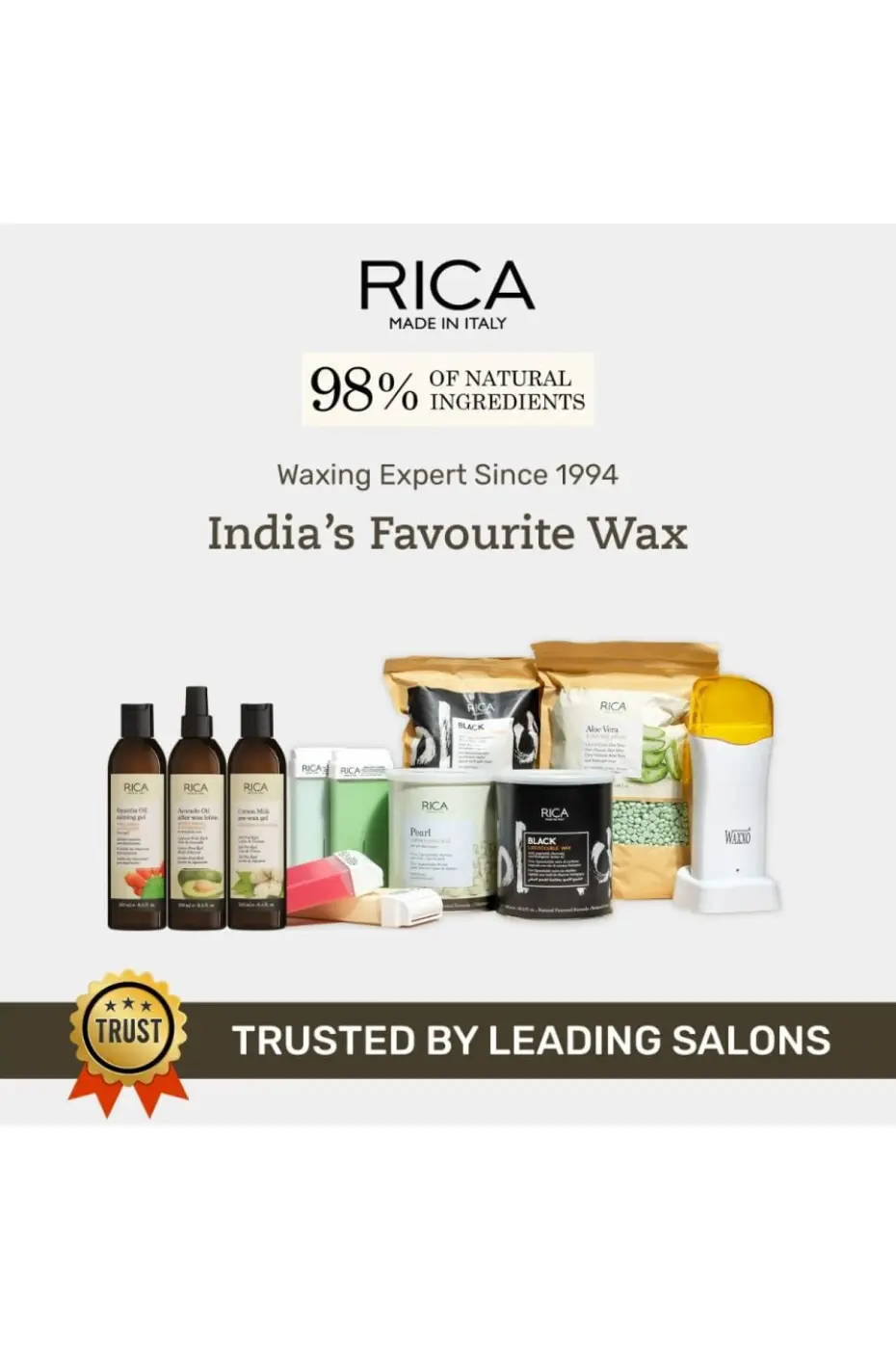 Le Choix de Confiance des Professionnels Présentation de la gamme de produits RICA (cires et lotions). Mentionne 98% d'ingrédients naturels et la confiance des salons.
