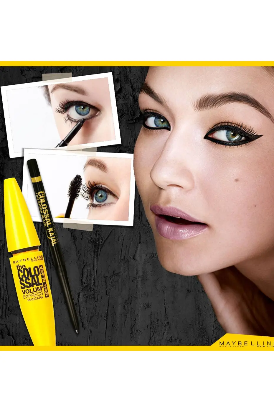 Le Look Colossal : Kajal et Mascara Volum’ Express Mannequin avec un smoky eye intense au Colossal Kajal Extra Black et Mascara Volum' Express pour un volume colossal.