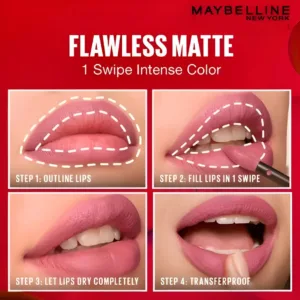 Guide d'application MAYBELLINE SuperStay Matte Ink. 4 étapes : Contours, Remplissage, Séchage, Anti-transfert. Fini mat impeccable.