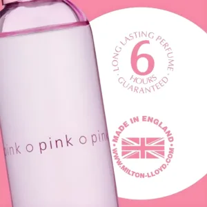 Gros plan sur le parfum Pink. Performance 6 heures garantie, parfum longue tenue. Fabriqué en Angleterre.