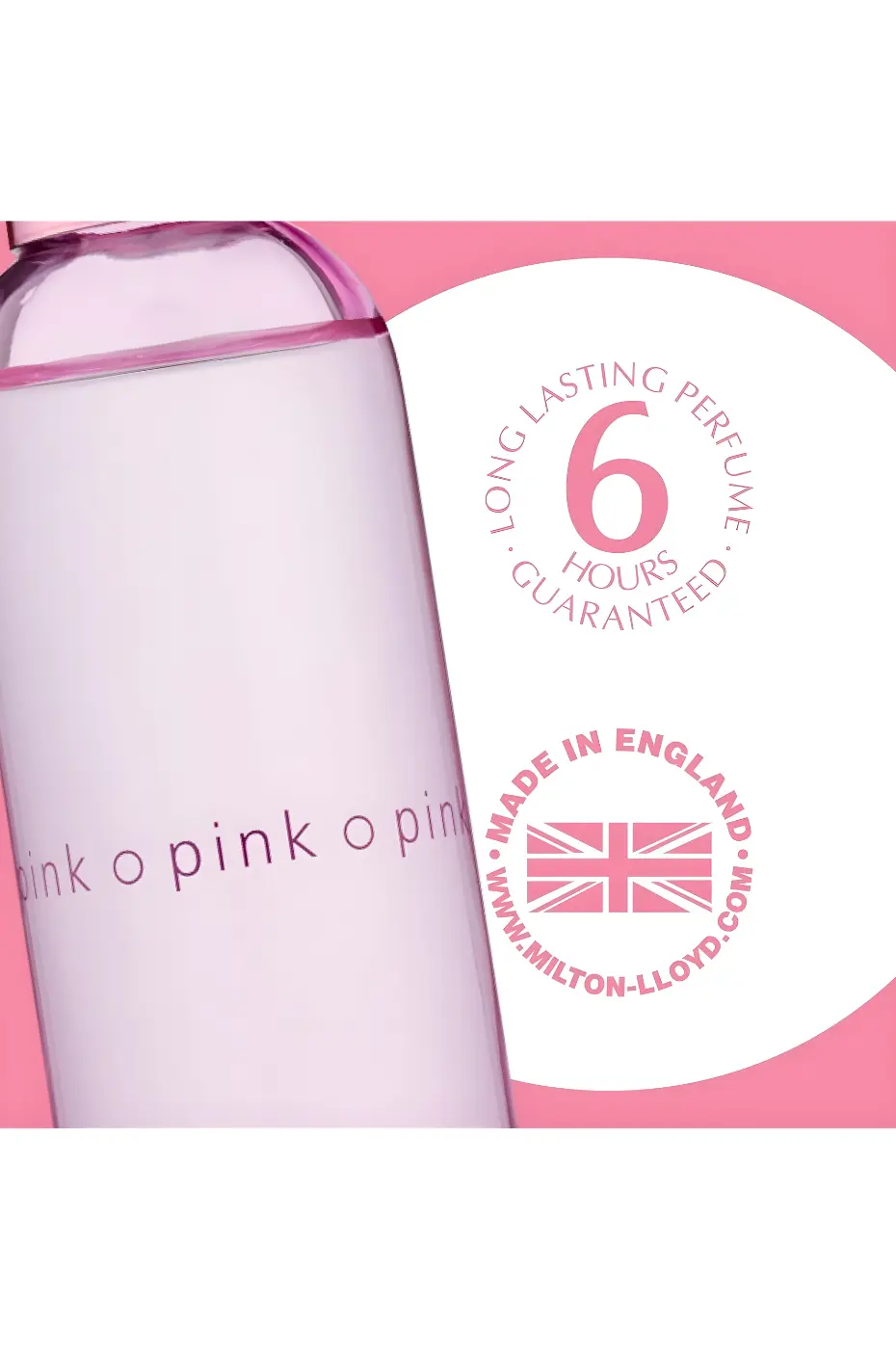 Longue Tenue 6H Garantie Gros plan sur le parfum Pink. Performance 6 heures garantie, parfum longue tenue. Fabriqué en Angleterre.