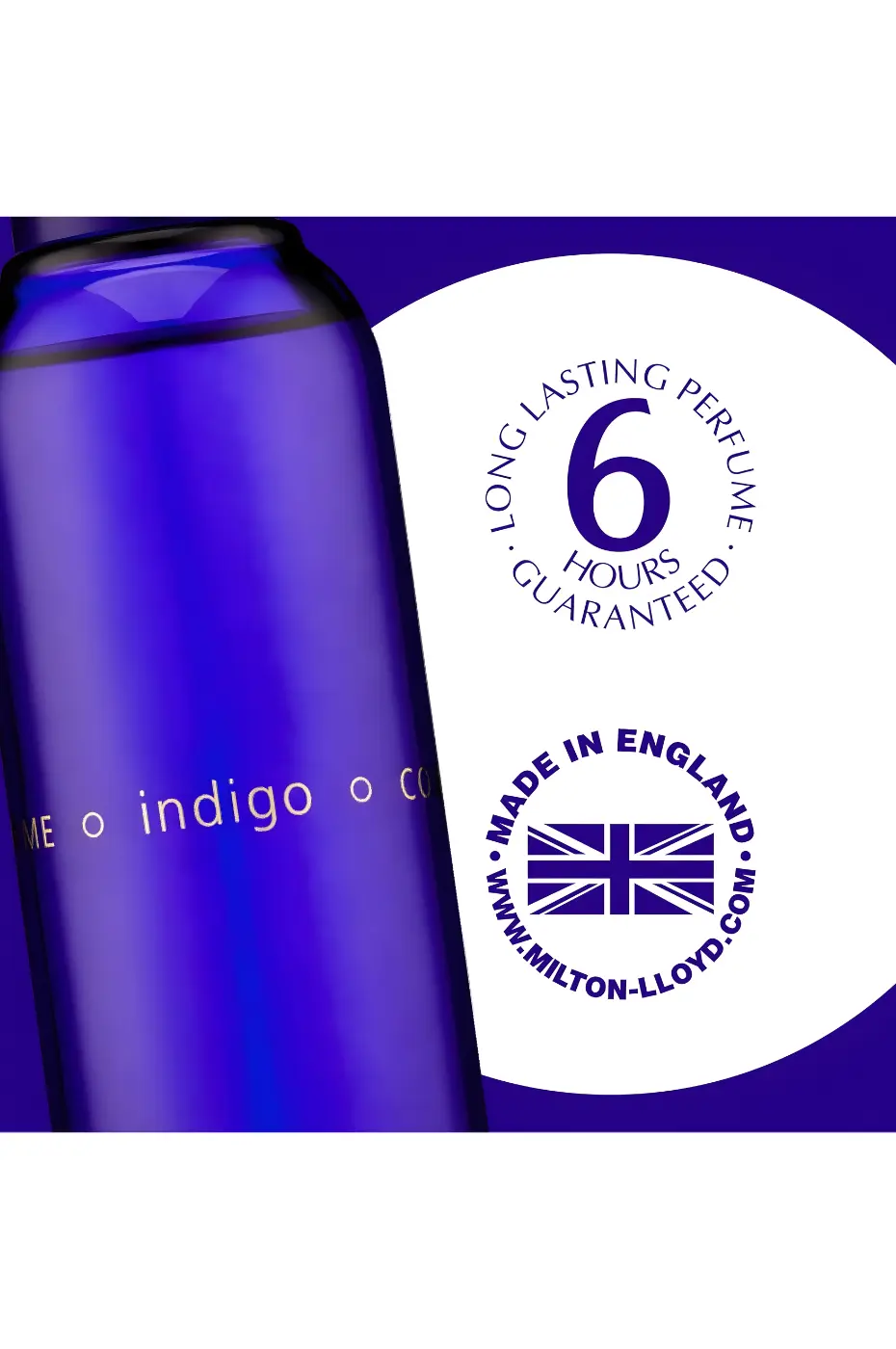 Longue Tenue (6H) Gros plan sur le flacon Colour Me Indigo, mentionnant la garantie de 6 heures de longue tenue et la fabrication anglaise.