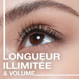 Gros plan sur un œil portant du mascara (cils longs et volumineux) avec le texte "Longueur Illimitée & Volume" pour un effet Sky High.
