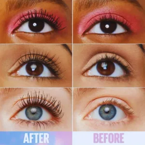Comparaison Avant/Après mascara sur trois modèles avec différentes couleurs d'yeux, montrant l'effet allongeant et volumateur (cils longs et volumineux).