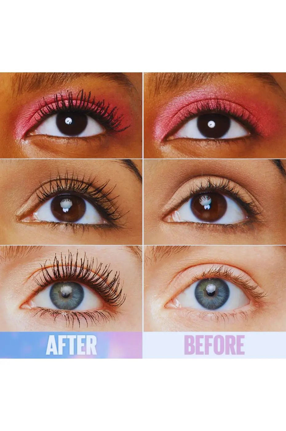 Mascara Sky High : L’effet Avant / Après Spectaculaire Comparaison Avant/Après mascara sur trois modèles avec différentes couleurs d'yeux, montrant l'effet allongeant et volumateur (cils longs et volumineux).