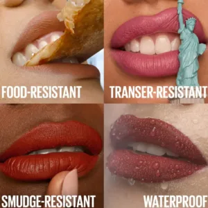 Démonstration de la performance de la gamme Matte Ink de Maybelline : résistant à l'eau, aux transferts, aux bavures et à la nourriture pour une tenue 16h.