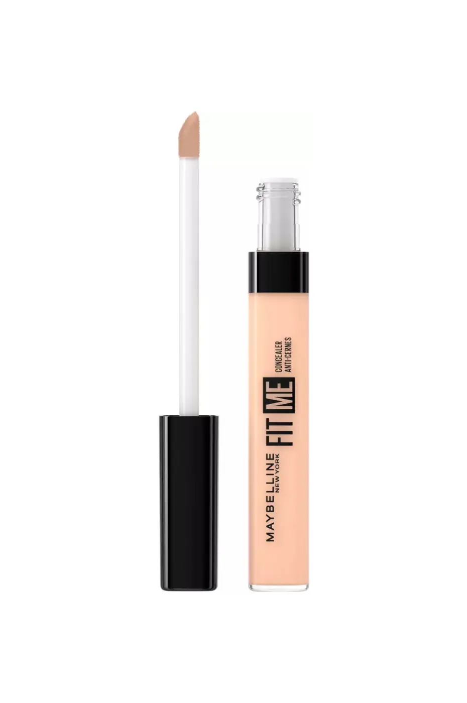 MAYBELLINE-CONCEALER-FIT-ME-N-25 -6,8-ML-2 Anti-cernes Maybelline Fit Me N°25 ouvert, montrant l'applicateur et sa texture légère pour une application facile.