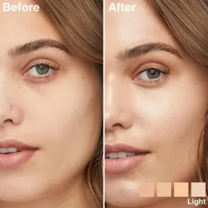 Comparaison avant et après du correcteur Maybelline, montrant une peau plus uniforme et un fini naturel avec teintes claires.