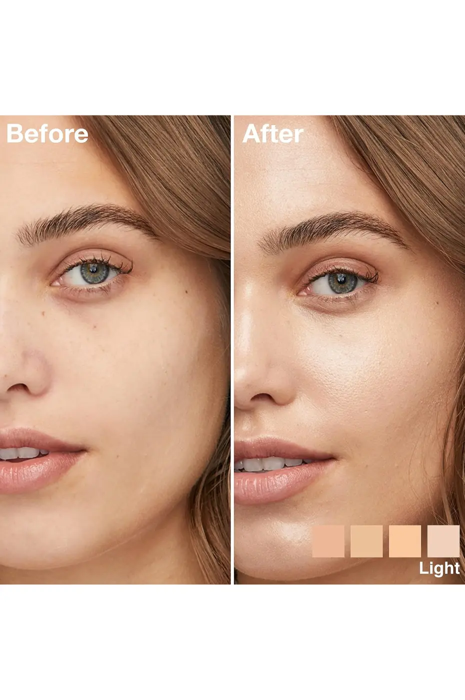 Maybelline Correcteur Comparaison avant et après du correcteur Maybelline, montrant une peau plus uniforme et un fini naturel avec teintes claires.
