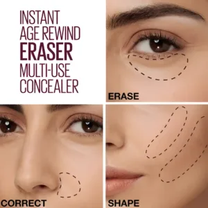 Démonstration d'utilisation du Maybelline Instant Age Rewind Eraser Concealer : Erase (cernes), Correct (imperfections), Shape (contouring).