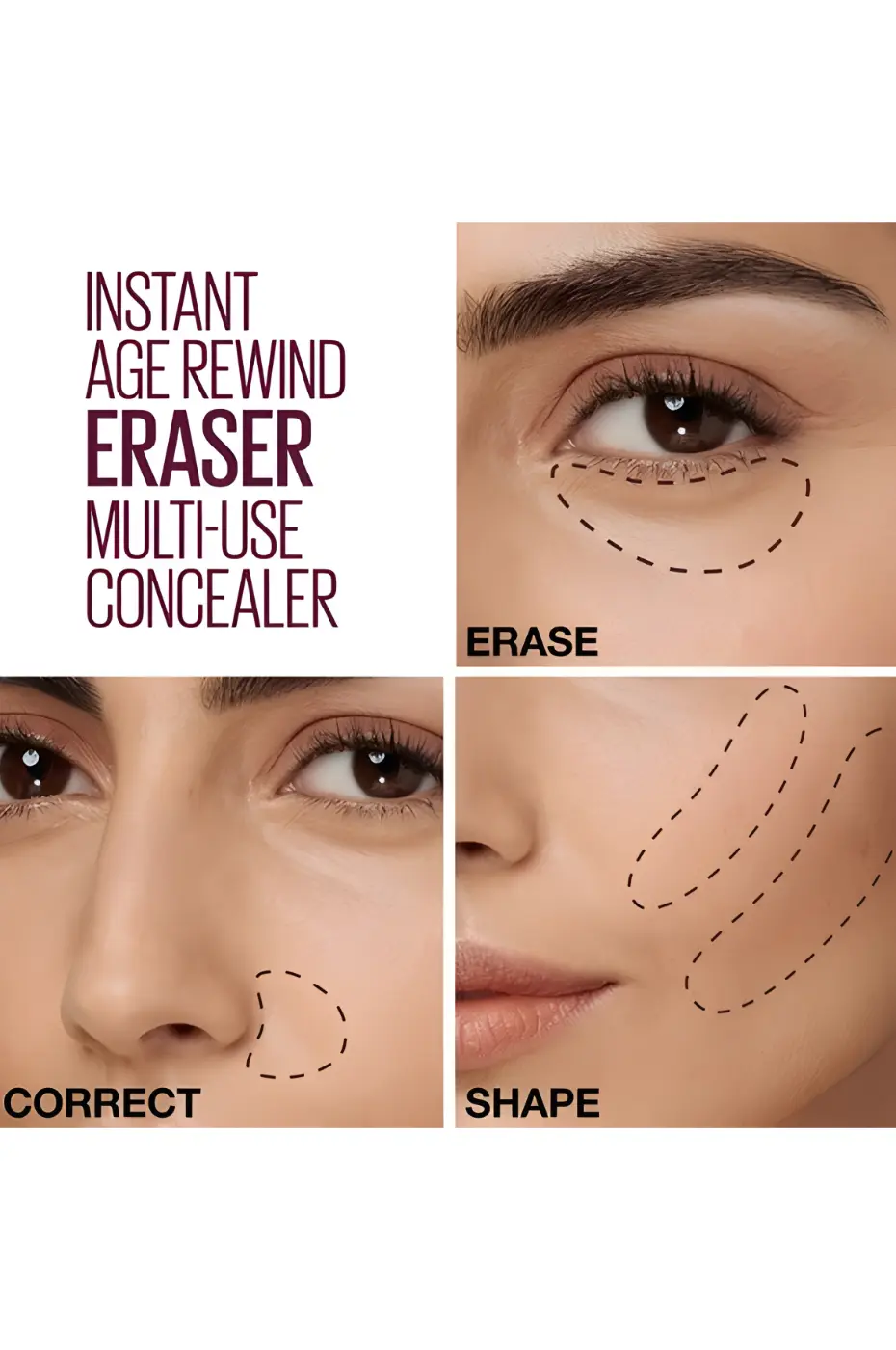Maybelline Instant Age Rewind Concealer : Efface, Corrige, Sculpte Démonstration d'utilisation du Maybelline Instant Age Rewind Eraser Concealer : Erase (cernes), Correct (imperfections), Shape (contouring).