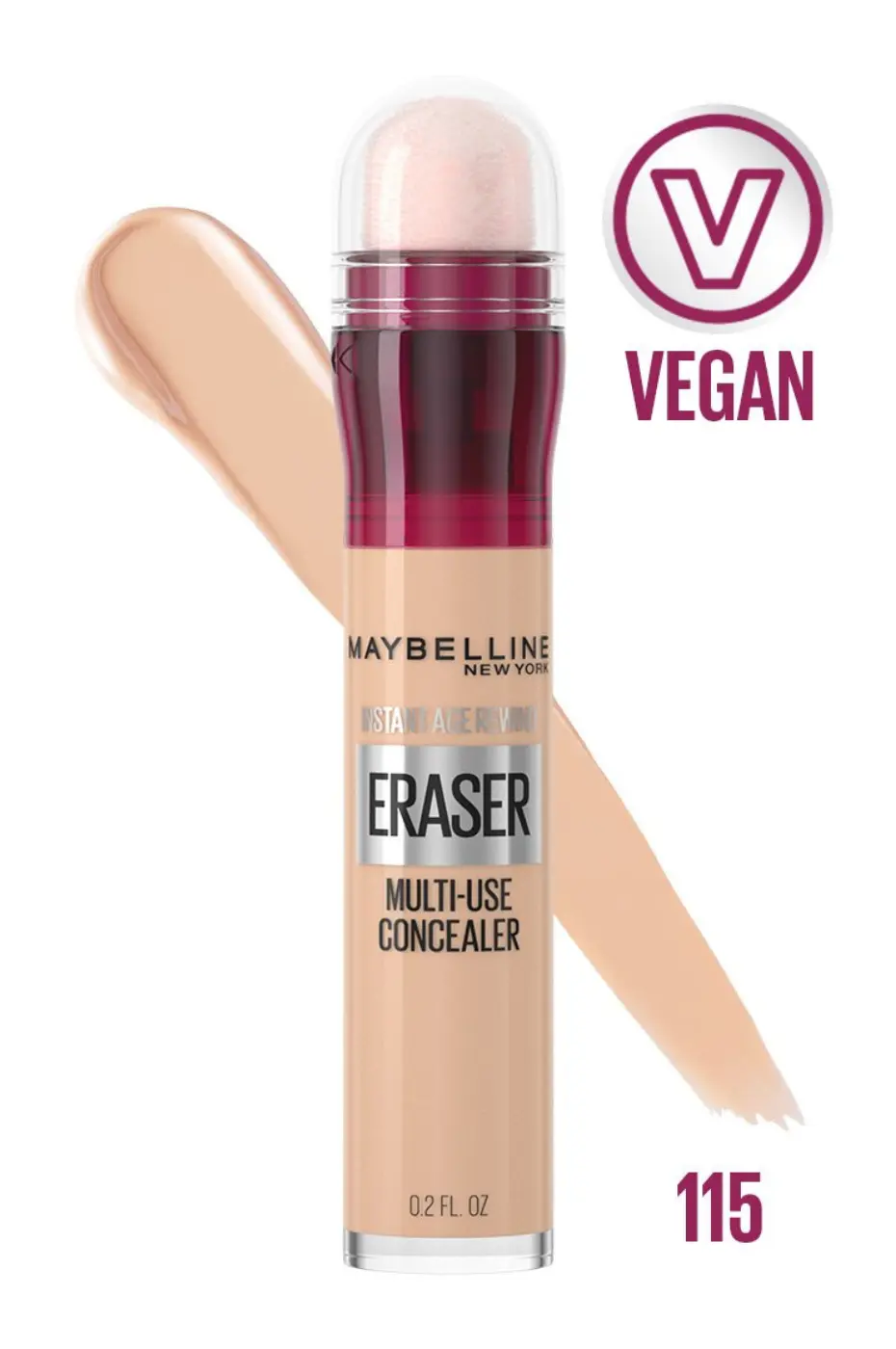 Maybelline Instant Anti Age Concealer n°115 Vegan 6,8 ml Maybelline Instant Anti Age Eraser Concealer multi-usage, teinte 115, format 6,8 ml. Produit certifié vegan.