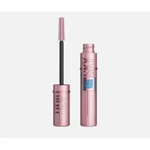 Mascara Maybelline Lash Sensational Sky High Waterproof, tube rose métallique et brosse flexible ouverte, pour longueur et volume illimités.
