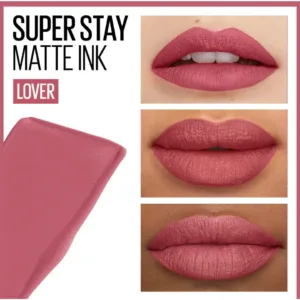 MAYBELLINE SUPER STAY MATTE INK LOVER (N°15). Rendu du rouge à lèvres prune-rosé mat sur différentes peaux. Tenue 16H.