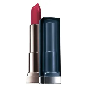 Tube de rouge à lèvres Maybelline Matte N° 960 Red Sunset, couleur framboise ou rouge profond, avec son capuchon posé à côté sur fond blanc.