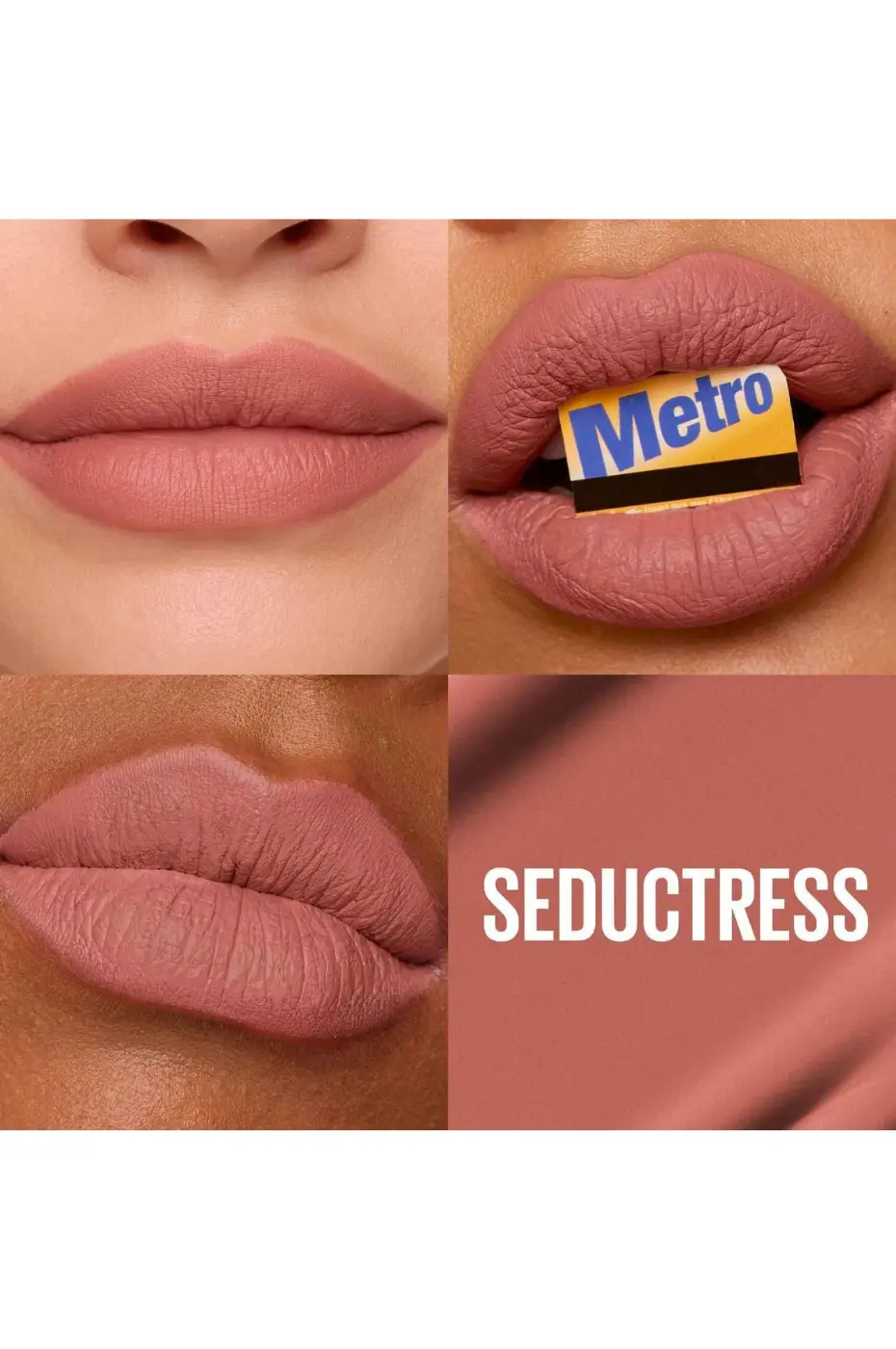 Maybelline Super Stay Matte Ink 65 Seductress sur lèvres Rendu sur lèvres du rouge à lèvres Maybelline Super Stay Matte Ink N°65 Seductress (nude rosé mat) sur différentes carnations.