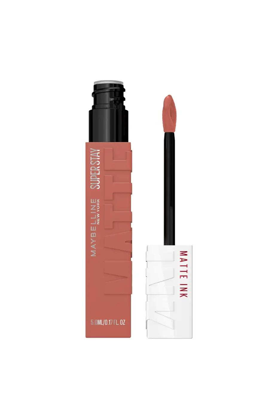 Maybelline Super Stay Matte Ink Seductress N°65 (Ouvert) Le rouge à lèvres Maybelline Super Stay Matte Ink N°65 Seductress avec son applicateur, teinte nude rosé mat intense et longue durée 16h.