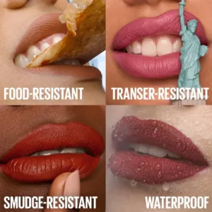 Les 4 preuves de tenue du Maybelline SuperStay Matte Ink : Résistant à la nourriture, au transfert, aux taches et à l'eau (waterproof).