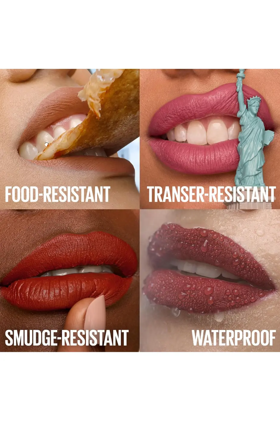 Maybelline SuperStay Matte Ink : Les 4 Super-Pouvoirs Les 4 preuves de tenue du Maybelline SuperStay Matte Ink : Résistant à la nourriture, au transfert, aux taches et à l'eau (waterproof).