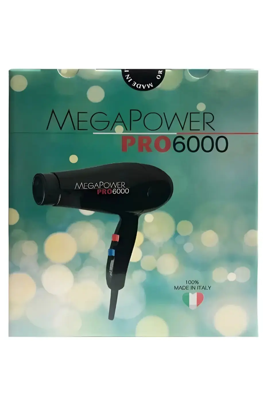 MEGA POWER PRO 6000 - 2000W Boîte du sèche-cheveux noir MEGA POWER PRO 6000, 100% fabriqué en Italie, fond vert avec effet bokeh.